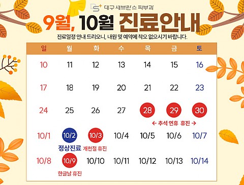 [대구세브란스피부과] 9월/10월 진료안내 